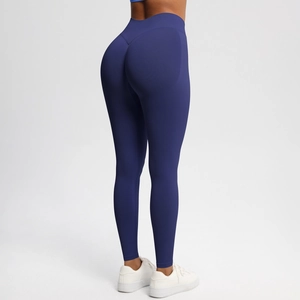 Detail of high-waist seamless leggings with contouring peach lift stitching for yoga
