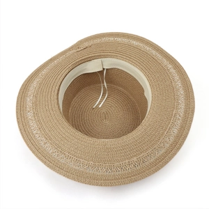 Ethnic straw sun hat with bohemian lace brim and adjustable interior drawstring for women