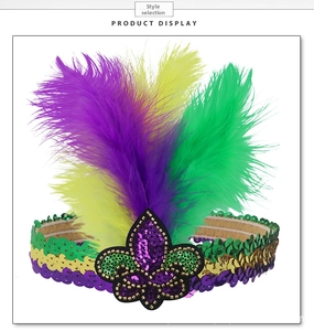 Detailed view of Mardi Gras headband featuring purple, green, and gold sequins and feathers