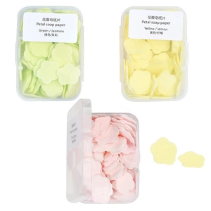 Portable flower petal soap paper sheets in cases for travel and hand washing