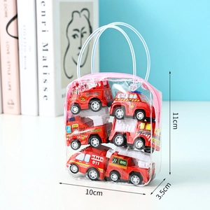 Detail view of 6-piece red fire truck toy set in a transparent PVC carry bag for kids