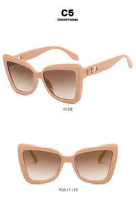 Detailed side and positive view of nude pink cat eye sunglasses with chain temple design
