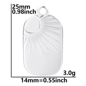 Size specifications for sun pattern oval pendant measuring 25mm x 14mm in silver steel