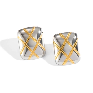 Polished two-tone square stud earrings with 18K gold plated diamond pattern on silver base