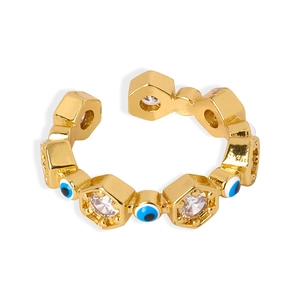 Französischer goldener Sechseckring mit blauem Evil Eye Emaille und Zirkon-Inlay