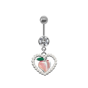 Detail of peach pendant belly ring with silver heart pearls and clear zircon gemstone