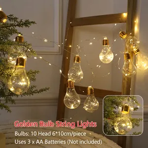 Christmas LED String Lights Warm Glow Plastic Metal Retro Bulb Star Wire Ball Ornaments Holiday Party Tree Decor Lighting