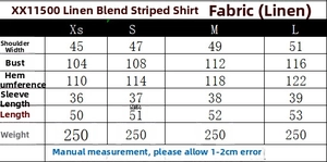 Size chart for linen blend striped shirt with shoulder, bust, and length measurements
