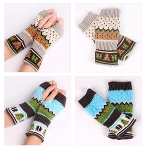 Detailed knit gloves showcasing Nordic forest patterns and fingerless design in multi-views