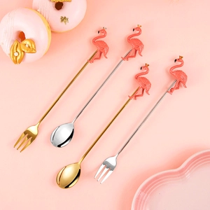 Stainless Steel Dessert Spoon And Fork Flamingo Reindeer Cactus Decor Creative Cartoon Coffee Fruit Cutlery Gift Afternoon Tea