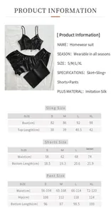 Detailed size chart for women's black satin pajama set including sling, shorts and pants