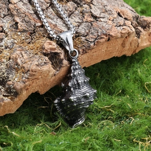 Retro stainless steel conch shell pendant necklace with a textured finish on a chain