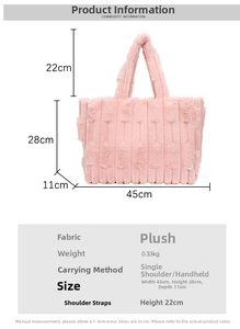 Pink plush tote bag size details 45x28x11cm with material and strap height information