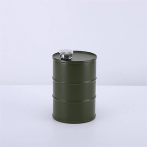 Detail view of military green 750ml stainless steel hip flask in oil barrel shape