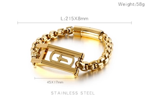 Macro detail of gold-plated stainless steel men's bracelet with dimensions and weight