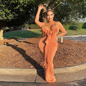 Slim fit halter maxi dress in orange with 3D rose detail and ruffled edges