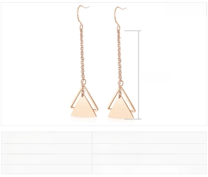 Detail view of rose gold hollow triangle tassel earrings with precise dimensions