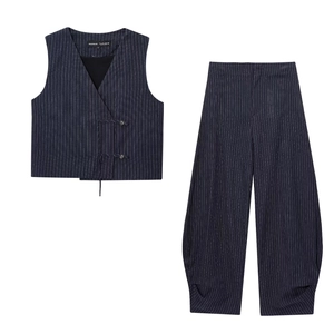 Women Pinstripe Vest And Wide Leg Pants Sleeveless Waistcoat Casual Streetwear Striped Trousers For Lady Elegant Style