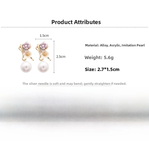 Détail des boucles d'oreilles fleurs et perles avec dimensions, poids et matériaux