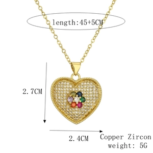 Detail of heart necklace with colorful zircon flower and copper plating specifications