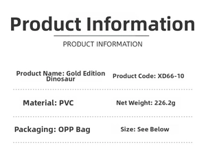Detailed specification sheet for golden dinosaur toy set with PVC material and weight data