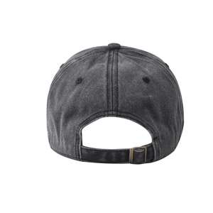 Close-up of vintage washed grey cotton baseball cap with adjustable metal back buckle
