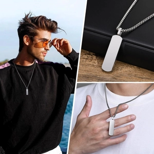 Polished silver stainless steel rectangular dog tag necklace set for men in streetwear style