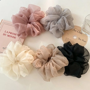 Oversized Organza Mesh Scrunchie Hair Tie Ruffled Solid Color Elastic Elegant Hair Accessories For Women Girls