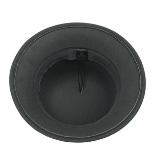 Detail view of the felt hat interior featuring an adjustable strap and washing label