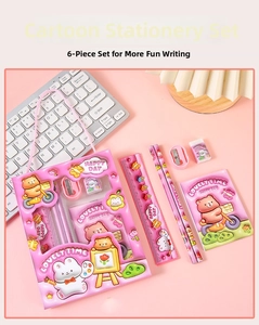 Detailed view of a pink cartoon stationery set including ruler, pencils and storage box