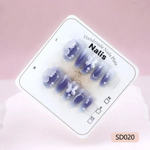 Exquisite 10pcs press-on nails with blue gradient, 3D butterfly, rose and pearl decor