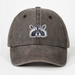 Dark grey washed cotton baseball cap with detailed raccoon embroidery and vintage style