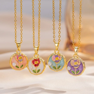 Enamel Flower Rose Pendant Necklace Titanium Steel Gold Plated Chain Elegant Faux Artificial Pearl Jewelry For Women