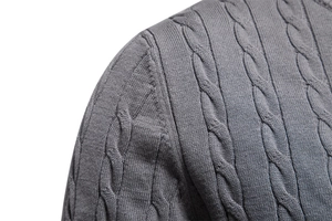 Detailed close-up of grey cable-knit men's sweater showing texture and stitching