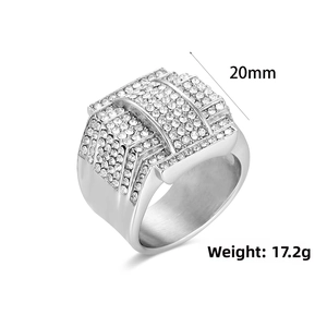 Detailed macro view of 20mm wide hip hop ring with paved zircons and 17.2g weight specs