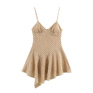 Robe Courte À Carreaux Bretelles Spaghetti Dentelle Ourlet Irrégulier Col En V Sans Manches Polyester Rétro Style Lolita