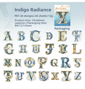 Baroque style gold and blue letter PET stickers collection showing 26 artistic alphabets