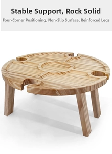 Detailed top view of a portable wooden picnic table featuring a central snack tray and wine slots