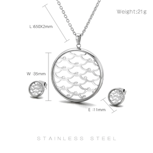 Detailed dimensions of silver stainless steel necklace and earrings set with clear crystals