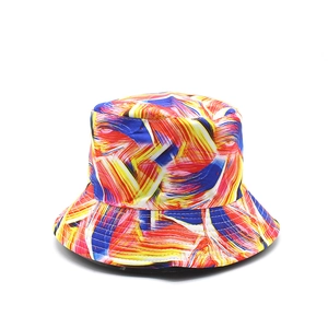 Detail shot of colorful abstract oil painting print on a reversible sun bucket hat