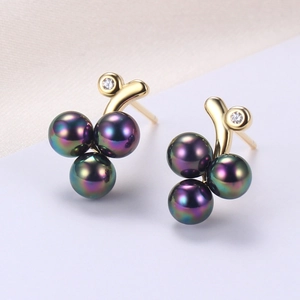 Elegant gold grape cluster stud earrings with iridescent pearls and cubic zirconia