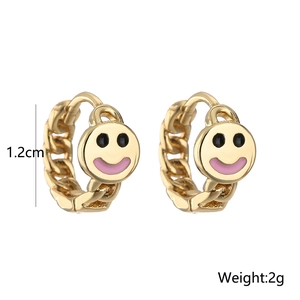 Golden chain link hoop earrings with circular smiley face charm and measurement details