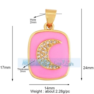 Detail view of pink enamel moon charm with dimensions 24mm by 14mm for jewelry making