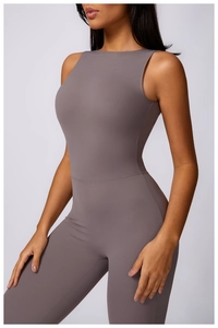 Detailed view of the back and high waist silhouette of the deep taupe yoga jumpsuit