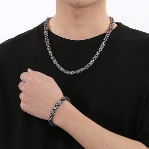8mm Byzantinische Kette und Armband Set aus silber-schwarzem Titanstahl für Herren