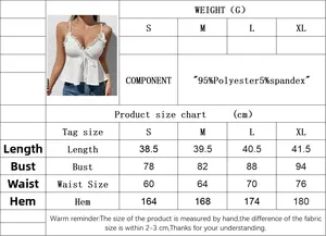 Size chart for white lace camisole showing length, bust, waist, and hem measurements