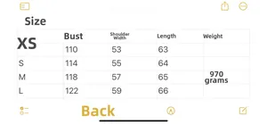 Detailed size chart for retro fleece vest including bust, shoulder and length dimensions