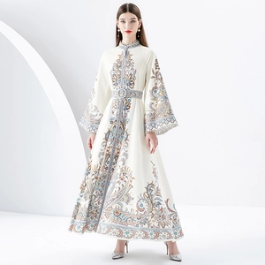 Elegant Chiffon Maxi Dress Women Stand Collar Long Flare Sleeve Paisley Floral Print Vintage Bohemian With Belt