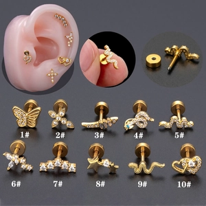 Boucles D'Oreilles Cartilage Acier Inoxydable Cuivre Zircon Cubique Dos Plat Labret Papillon Coeur Serpent Bijoux