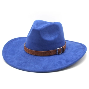 Detail of royal blue fedora hat with a brown braided leather band and silver metal buckle